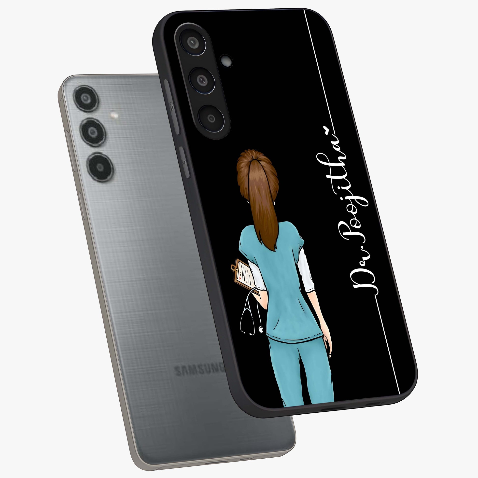 Doctor Pattern Custom Name Glass Case displayed in angled mockup highlighting doctor inspired artwork with custom name feature.
