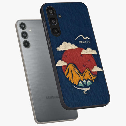 Dream Beyond Mountains Glass Case displayed in angled mockup highlighting dreamy mountain illustration with peaceful aesthetic.