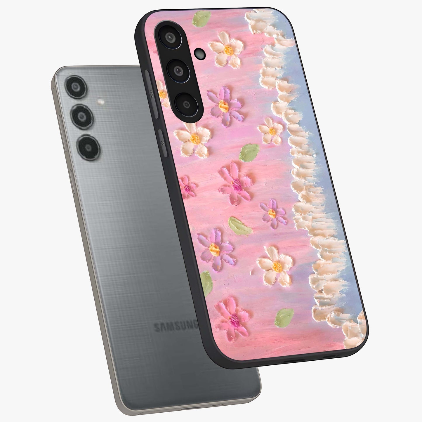 Dreamy Painted Garden Glass Case displayed in angled mockup highlighting colorful garden illustration with dreamy aesthetic style.