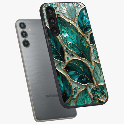 Emerald Leaf Glass Glass Case displayed in angled mockup highlighting botanical leaf illustration with elegant natural aesthetic.