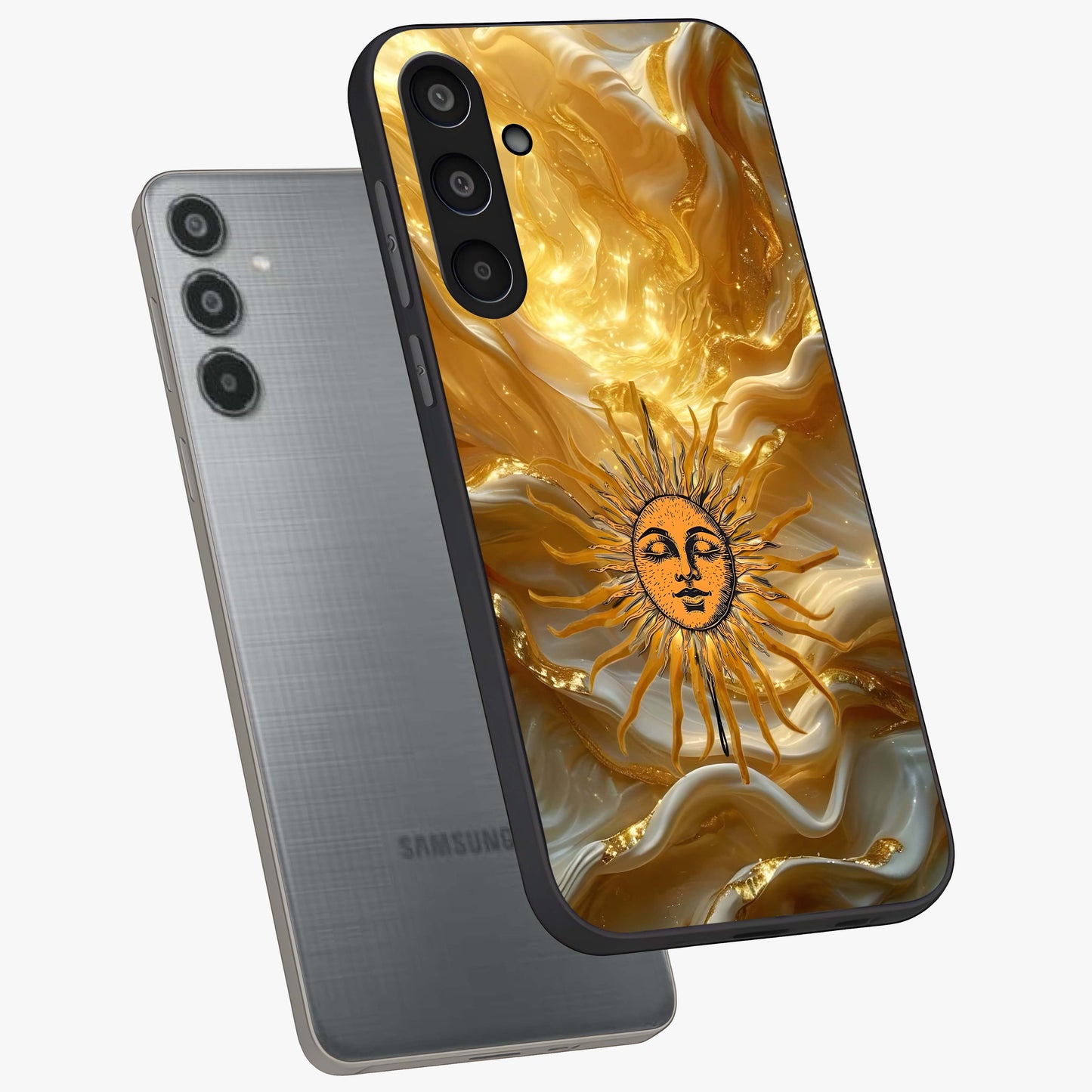 Eternal Golden Glow Glass Case displayed in angled mockup highlighting glowing golden aesthetic design with elegant style.