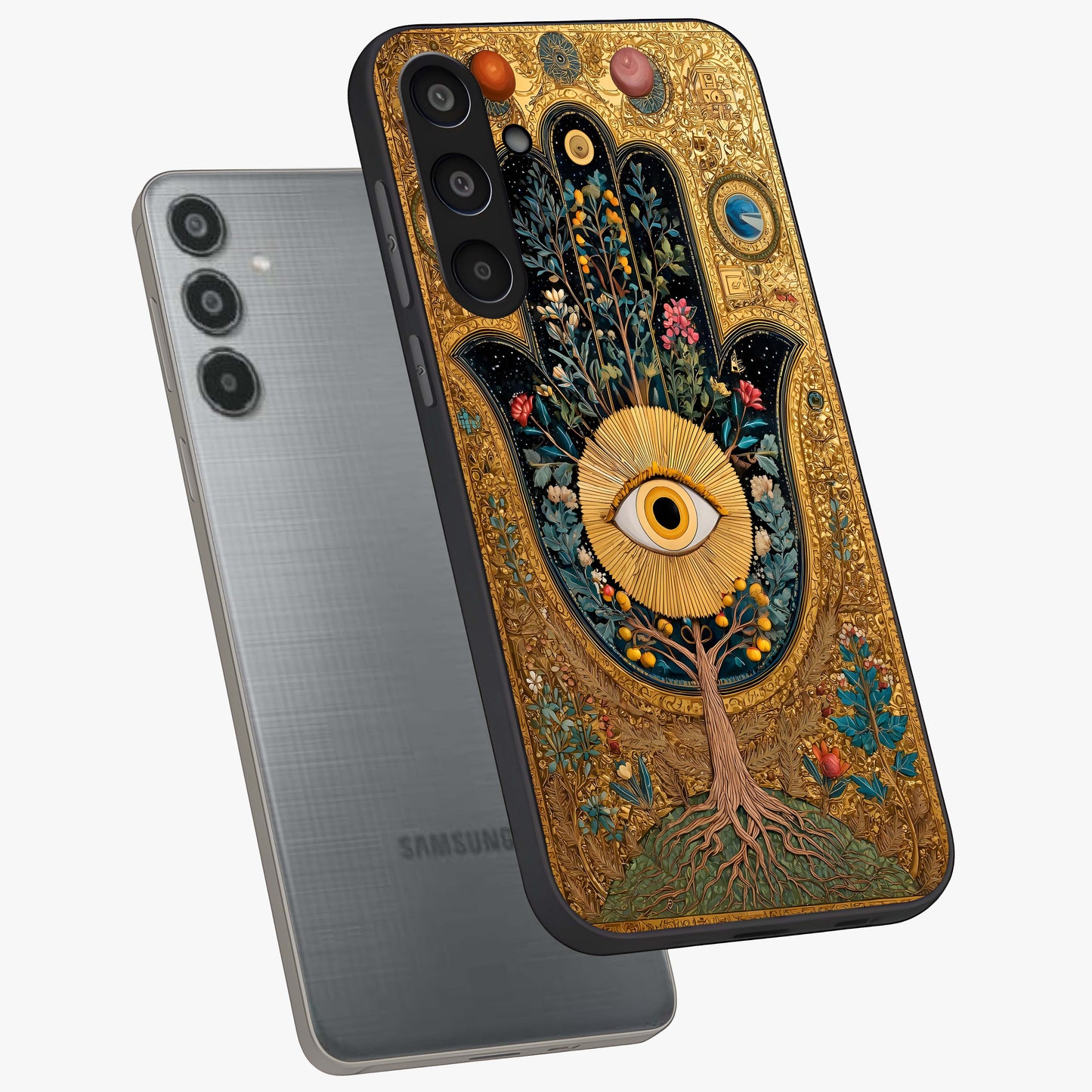 Ethereal Evil Eye Glass Case displayed in angled mockup highlighting protective evil eye symbol with spiritual aesthetic design.