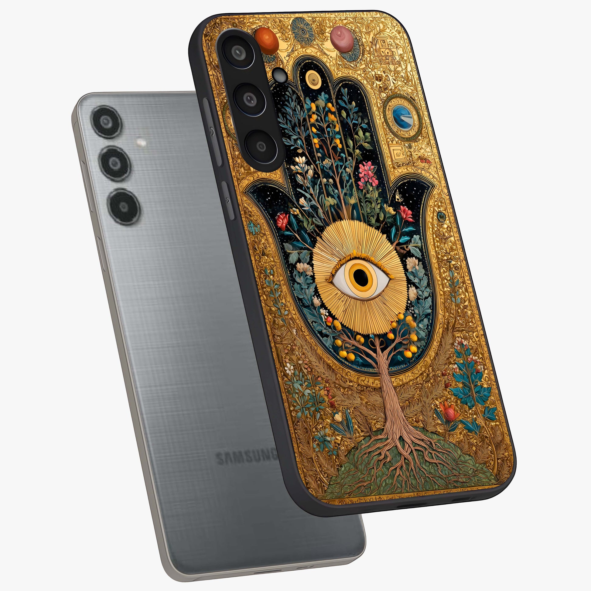 Ethereal Evil Eye Glass Case displayed in angled mockup highlighting protective evil eye symbol with spiritual aesthetic design.