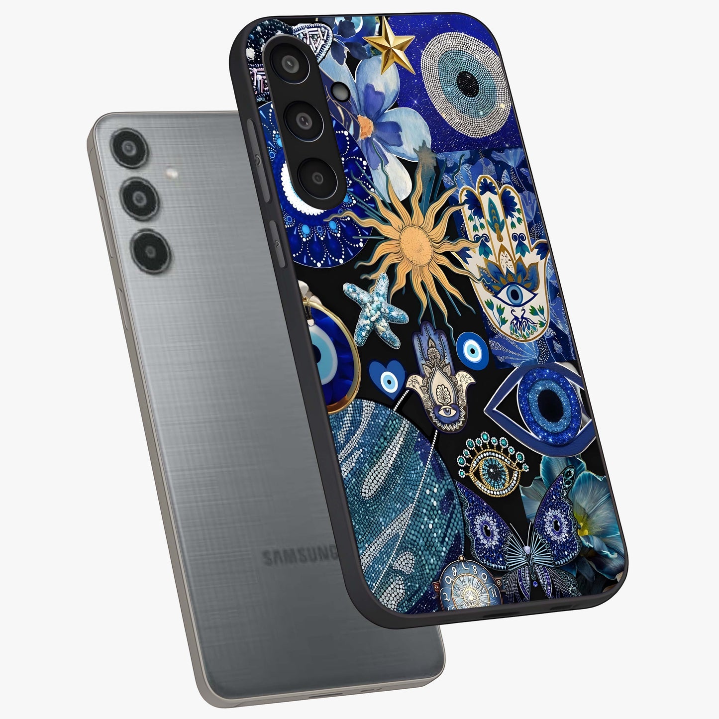 Evil Eye Charm Mix Glass Case displayed in angled mockup highlighting protective evil eye symbols with spiritual aesthetic design.