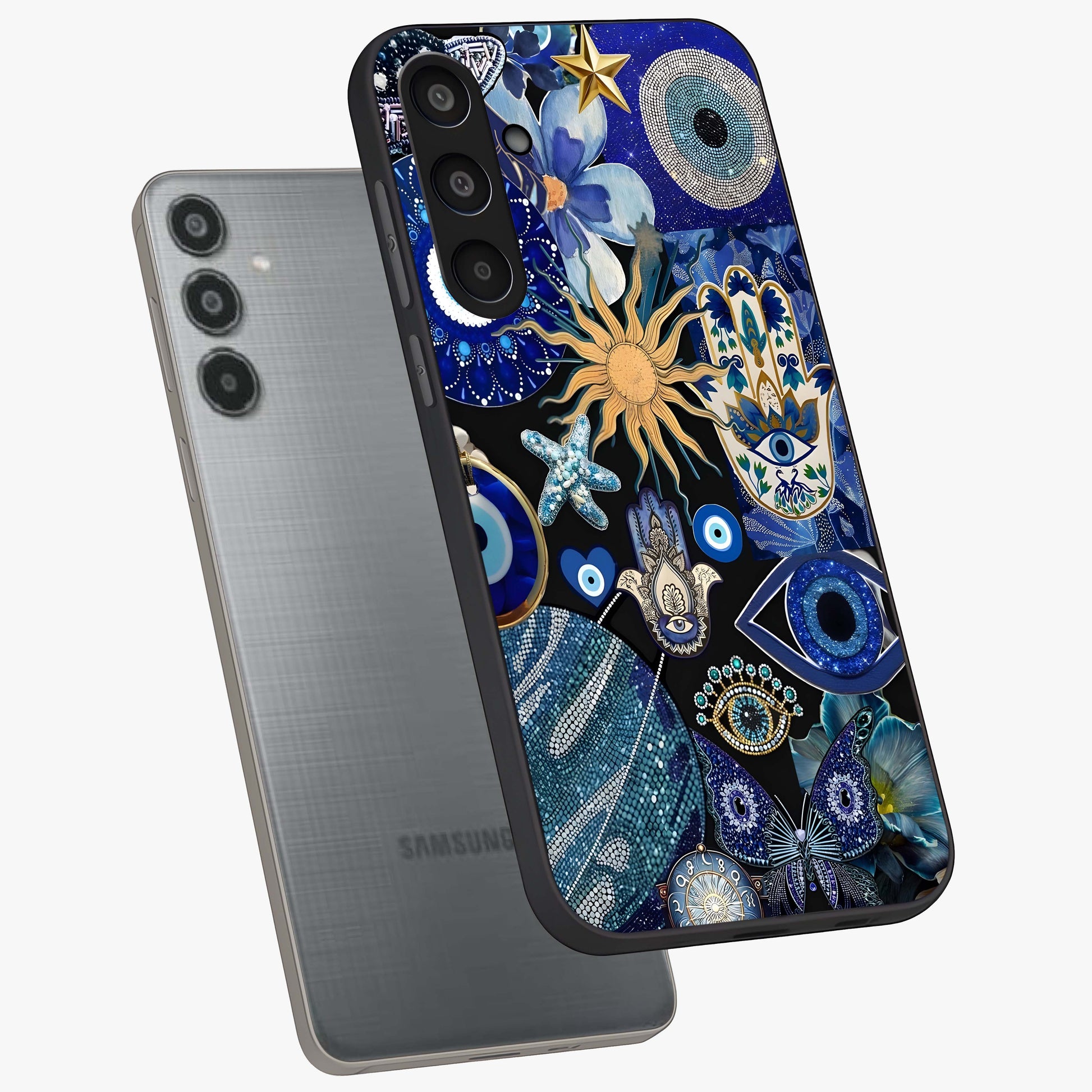 Evil Eye Charm Mix Glass Case displayed in angled mockup highlighting protective evil eye symbols with spiritual aesthetic design.