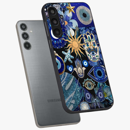 Evil Eye Charm Mix Glass Case displayed in angled mockup highlighting protective evil eye symbols with spiritual aesthetic design.