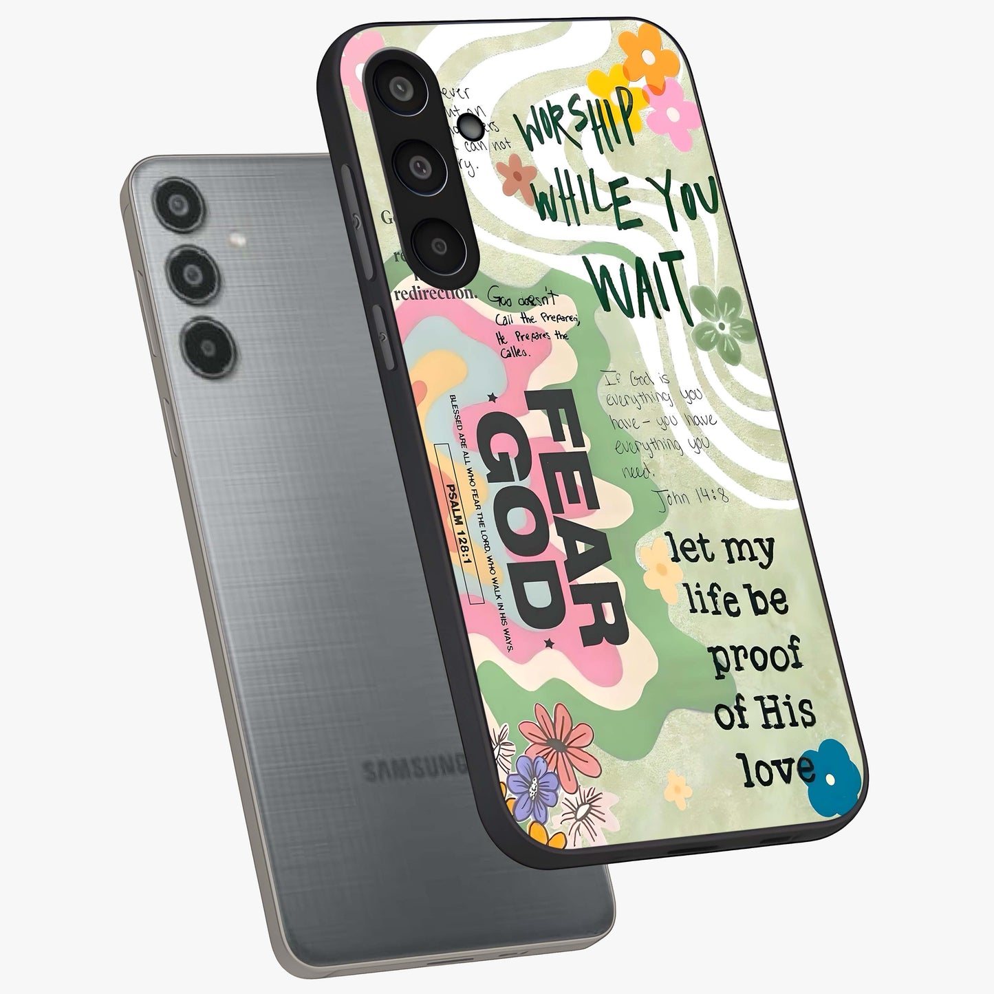 Faith Over Fear Glass Case displayed in angled mockup highlighting inspirational message design with modern aesthetic style.