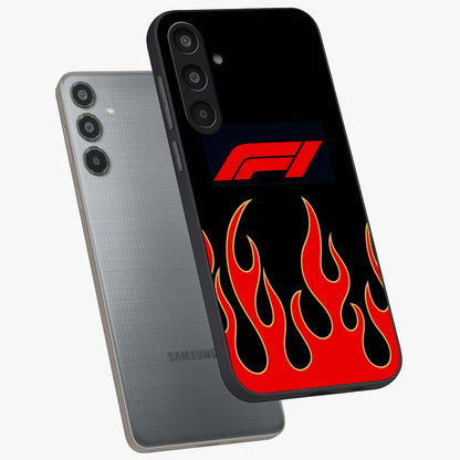 Fire F11 Glass Case displayed in angled mockup highlighting bold fire inspired graphic with energetic aesthetic style.