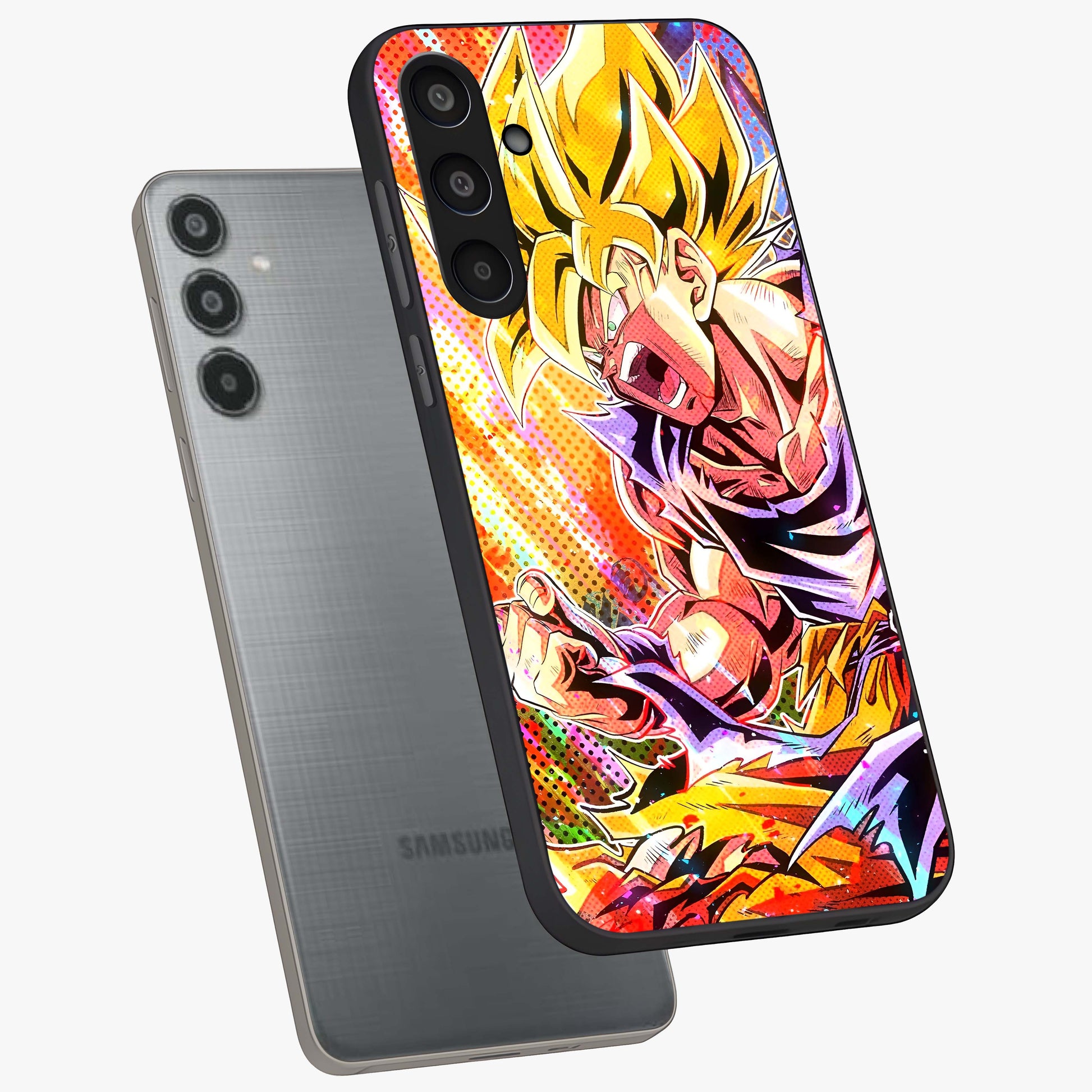 Firing Goku Glass Case displayed in angled mockup highlighting dynamic anime character design with action aesthetic.