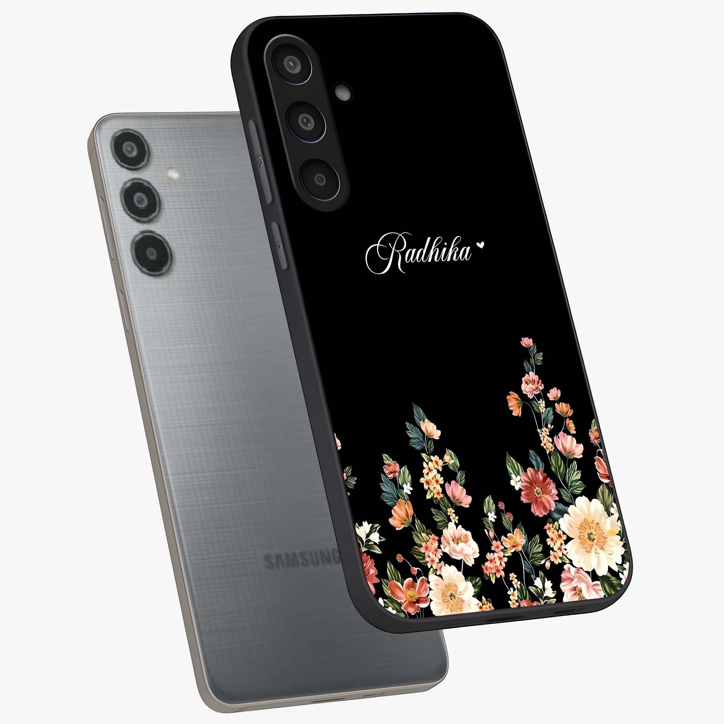 Floral Design With a Custom Personalized Name Glass Case displayed in angled mockup highlighting elegant floral pattern with custom name feature.
