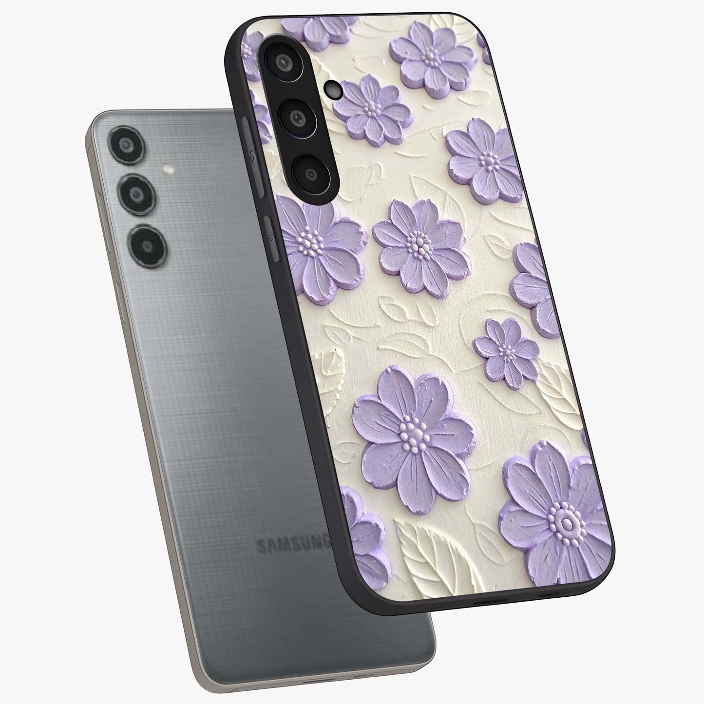 Floral Wall Art With Purple Flowers Glass Case displayed in angled mockup highlighting vibrant purple floral illustration with artistic aesthetic.