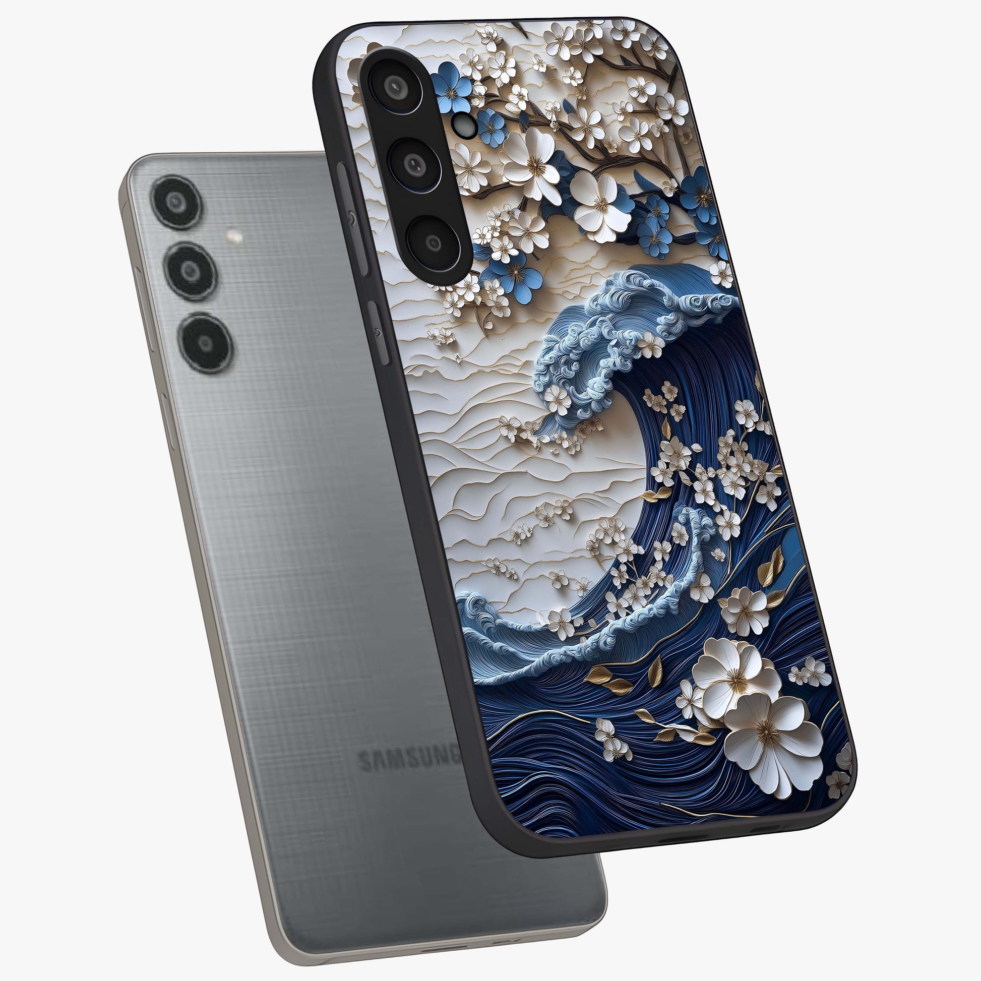 Floral Wave Origami Glass Case displayed in angled mockup highlighting geometric origami flower design with modern aesthetic style.