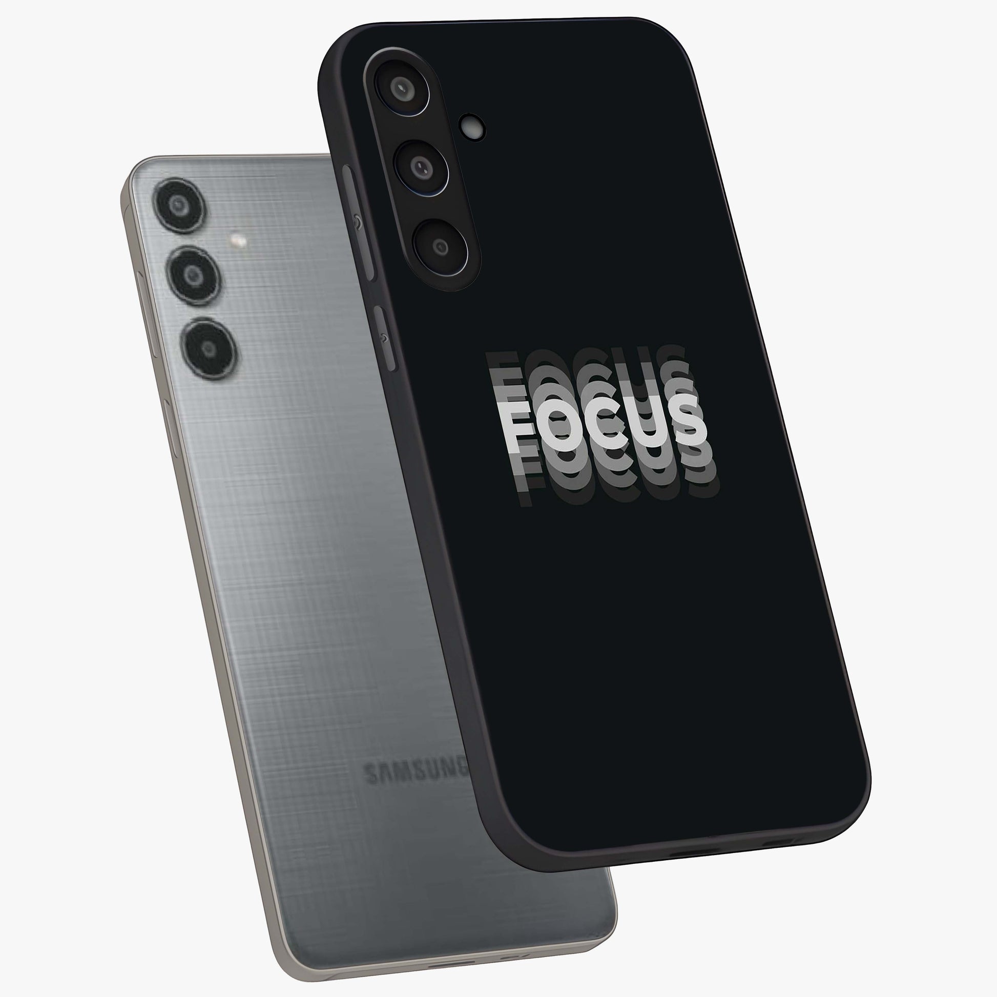 Focus Mode On Glass Case displayed in angled mockup highlighting clean minimal text artwork with modern aesthetic style.