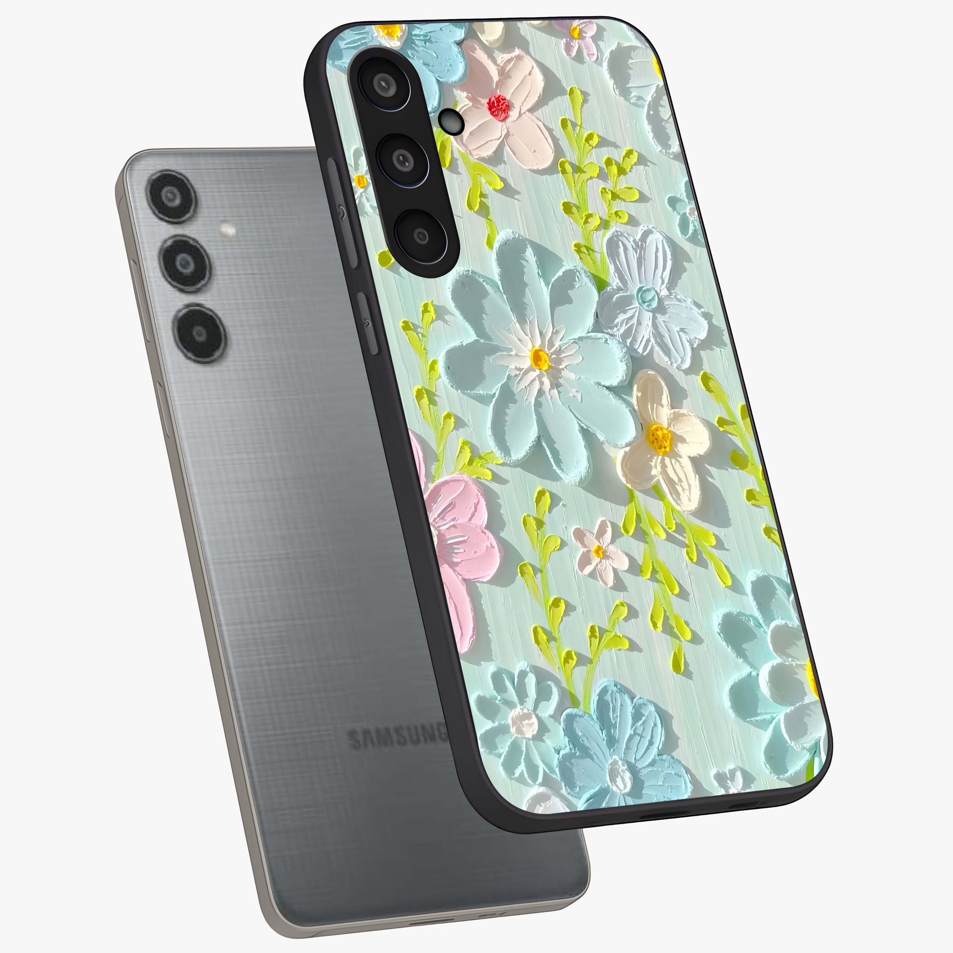 Frosted Petal Garden Glass Case displayed in angled mockup highlighting delicate flower petal design with calm garden aesthetic.