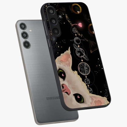 Galactic Cat Glass Case displayed in angled mockup highlighting celestial feline illustration with galaxy aesthetic style.