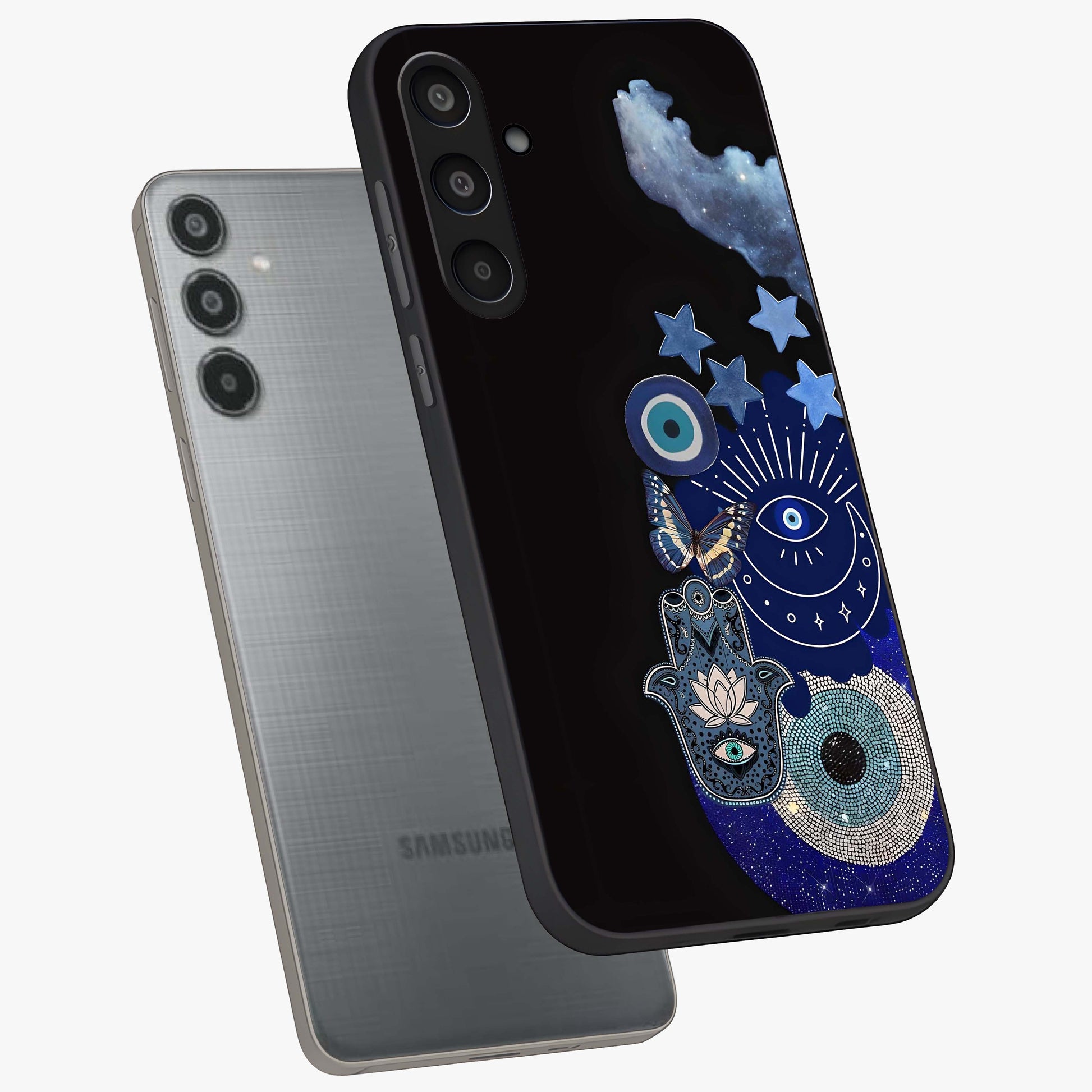 Galactic Charm Cluster Glass Case displayed in angled mockup highlighting luminous galaxy inspired design with dreamy aesthetic.