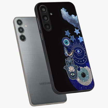 Galactic Charm Cluster Glass Case displayed in angled mockup highlighting luminous galaxy inspired design with dreamy aesthetic.