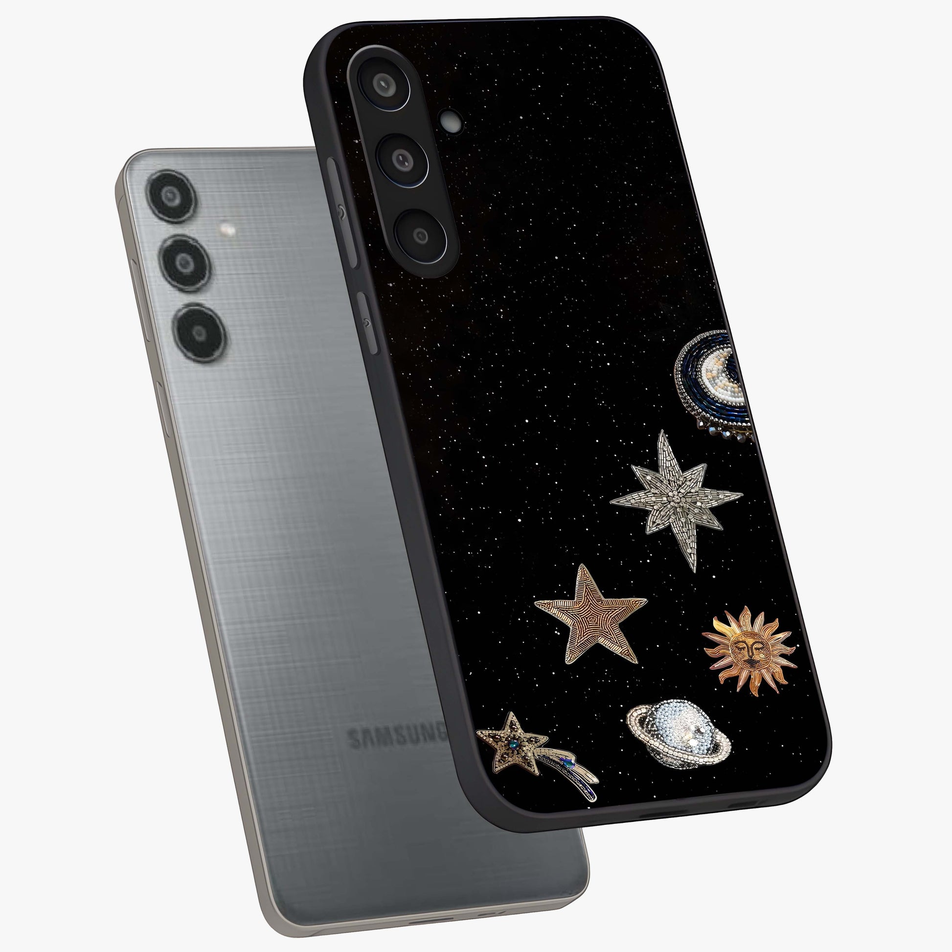 Galactic Charm Glow Glass Case displayed in angled mockup highlighting luminous galaxy inspired design with dreamy aesthetic.