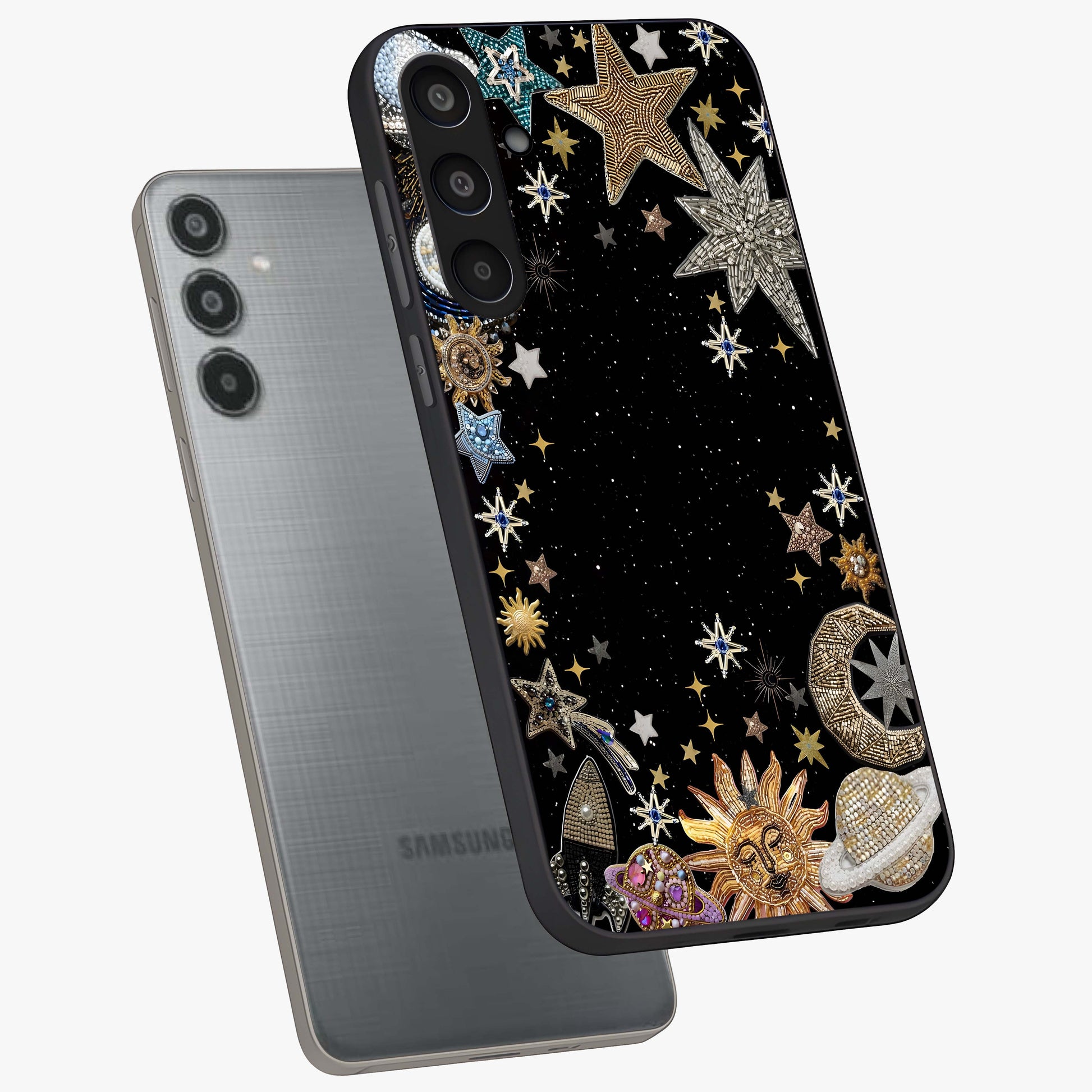 Galactic Jewel Stars Glass Case displayed in angled mockup highlighting shining celestial star design with cosmic aesthetic style.