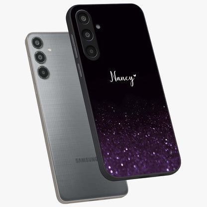 Glittery Purple Bokeh Custom Name Glass Case displayed in angled mockup highlighting glitter bokeh pattern with custom name feature.