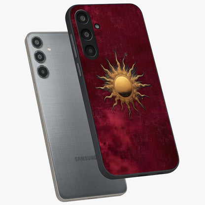 Golden Sun Minimalism Glass Case displayed in angled mockup highlighting clean sun symbol design with modern minimal aesthetic.