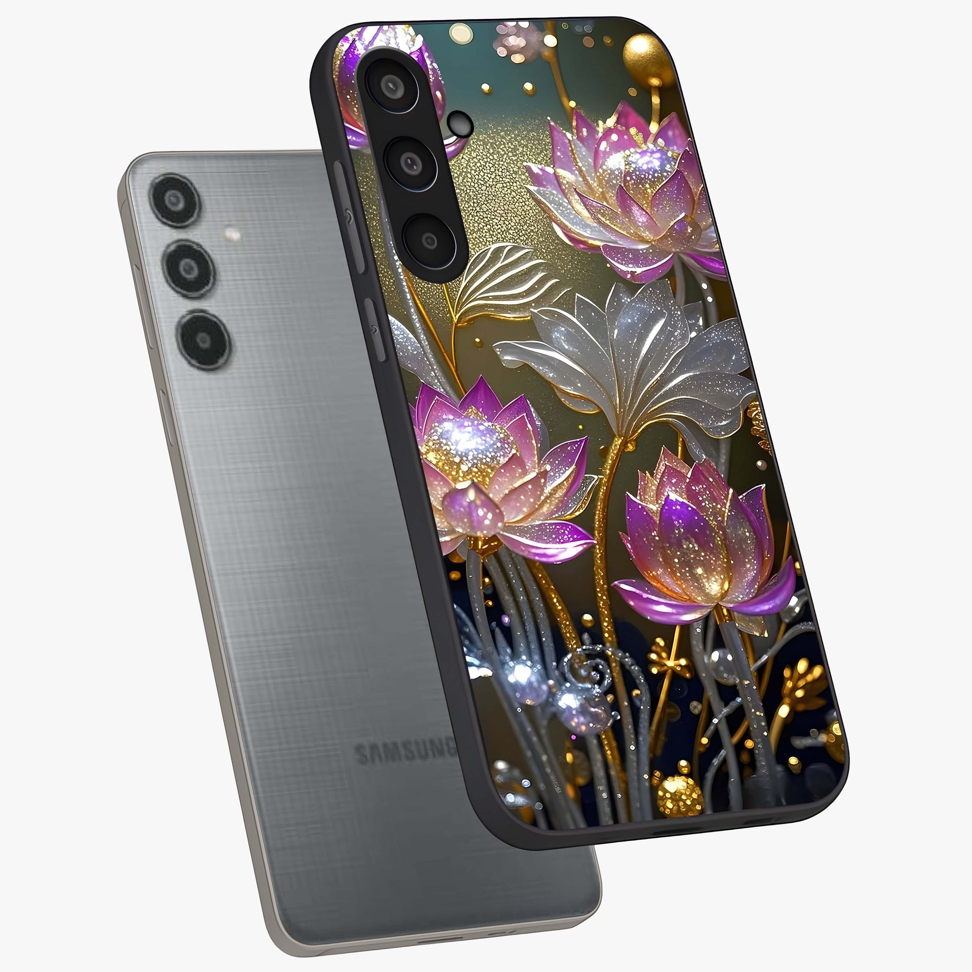 Golden Floral Majesty Glass Case displayed in angled mockup highlighting elegant flower design with royal golden aesthetic.