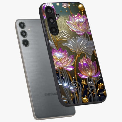 Golden Floral Majesty Glass Case displayed in angled mockup highlighting elegant flower design with royal golden aesthetic.