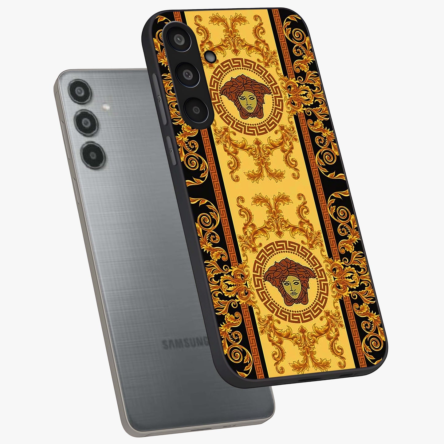 Golden Lotus Glow Glass Case displayed in angled mockup highlighting radiant lotus illustration with spiritual aesthetic.
