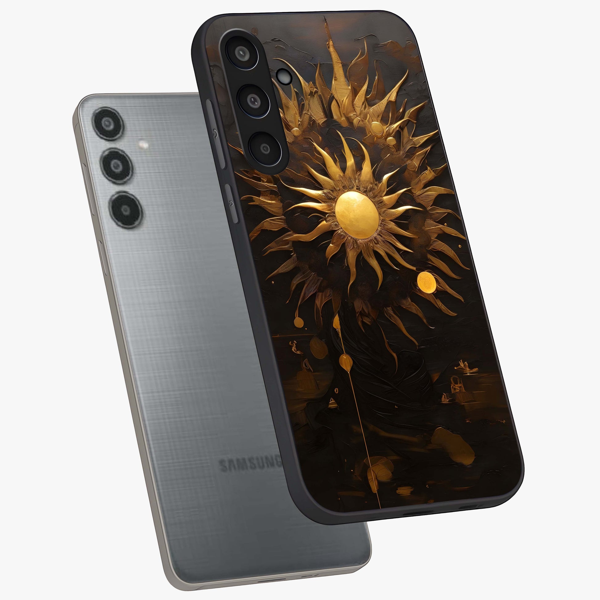 Golden Sun Majesty Glass Case displayed in angled mockup highlighting eerie shadow illustration with gothic aesthetic.
