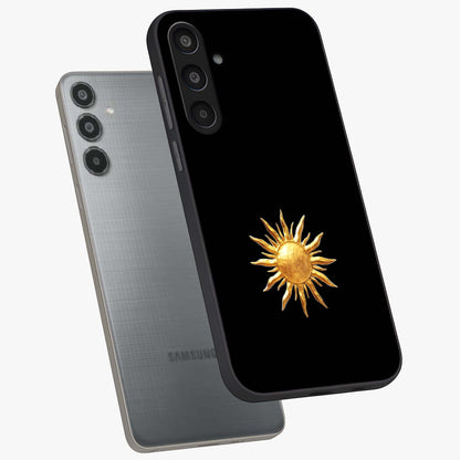 Golden Sun Minimalism Glass Case displayed in angled mockup highlighting eerie shadow illustration with gothic aesthetic.