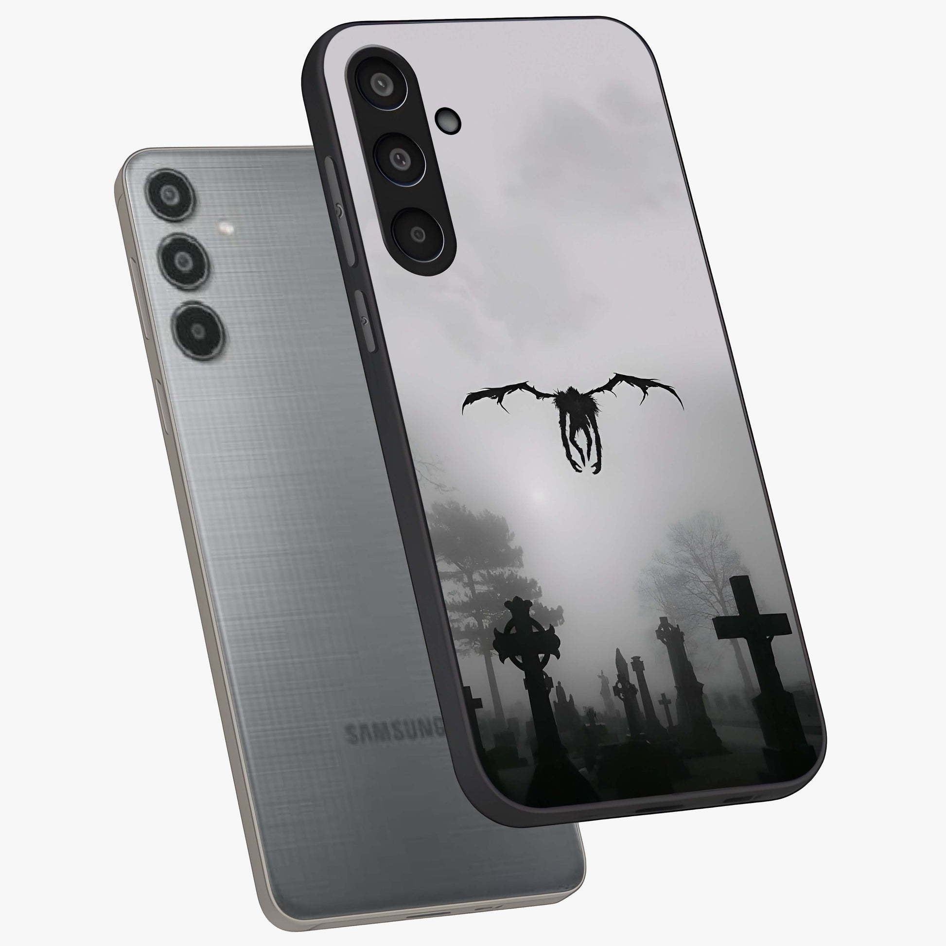 Graveyard Shadow Descent Glass Case displayed in angled mockup highlighting eerie shadow illustration with gothic aesthetic.