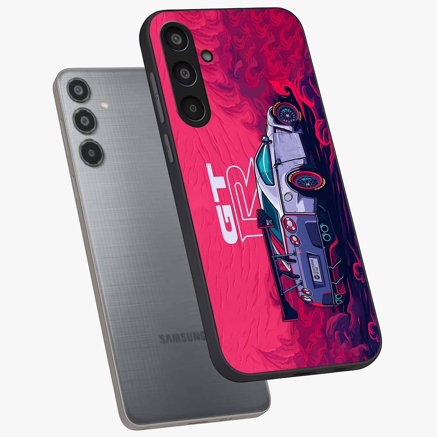 GT-R Car Pattern Glass Case displayed in angled mockup highlighting racing car graphic design with bold automotive aesthetic.