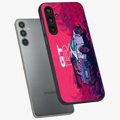 GT-R Car Pattern Glass Case displayed in angled mockup highlighting racing car graphic design with bold automotive aesthetic.