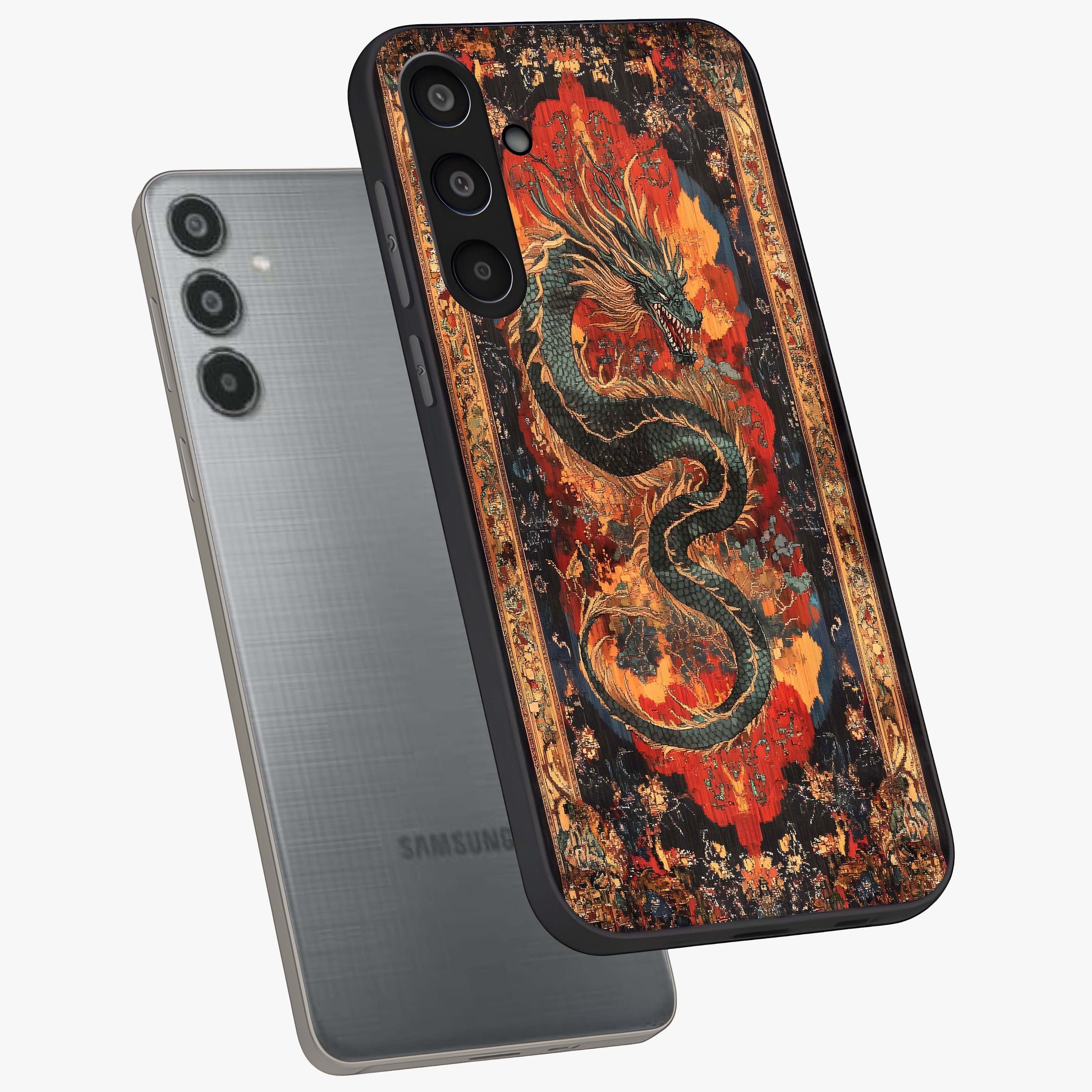 Inferno Dragon Soul Glass Case displayed in angled mockup highlighting powerful dragon illustration with inferno aesthetic.