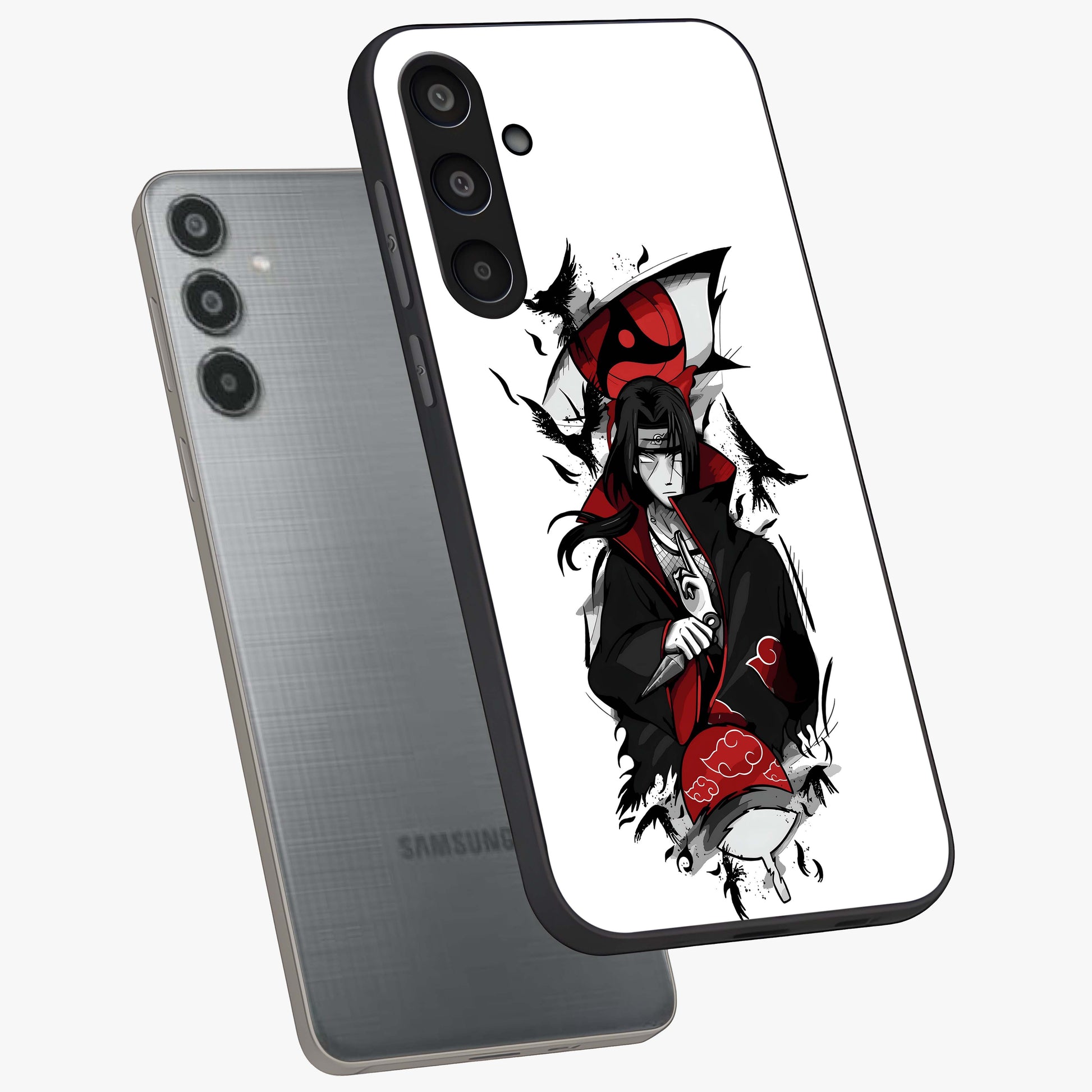Itachi Limited Edition Naruto Anime Glass Case displayed in angled mockup highlighting dramatic anime illustration with bold action aesthetic.