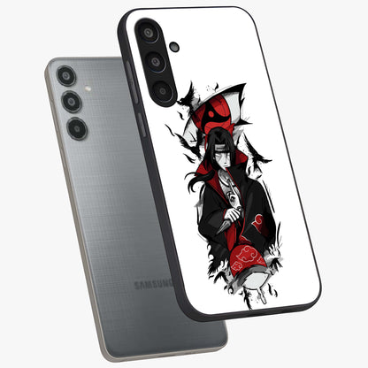 Itachi Limited Edition Naruto Anime Glass Case displayed in angled mockup highlighting dramatic anime illustration with bold action aesthetic.