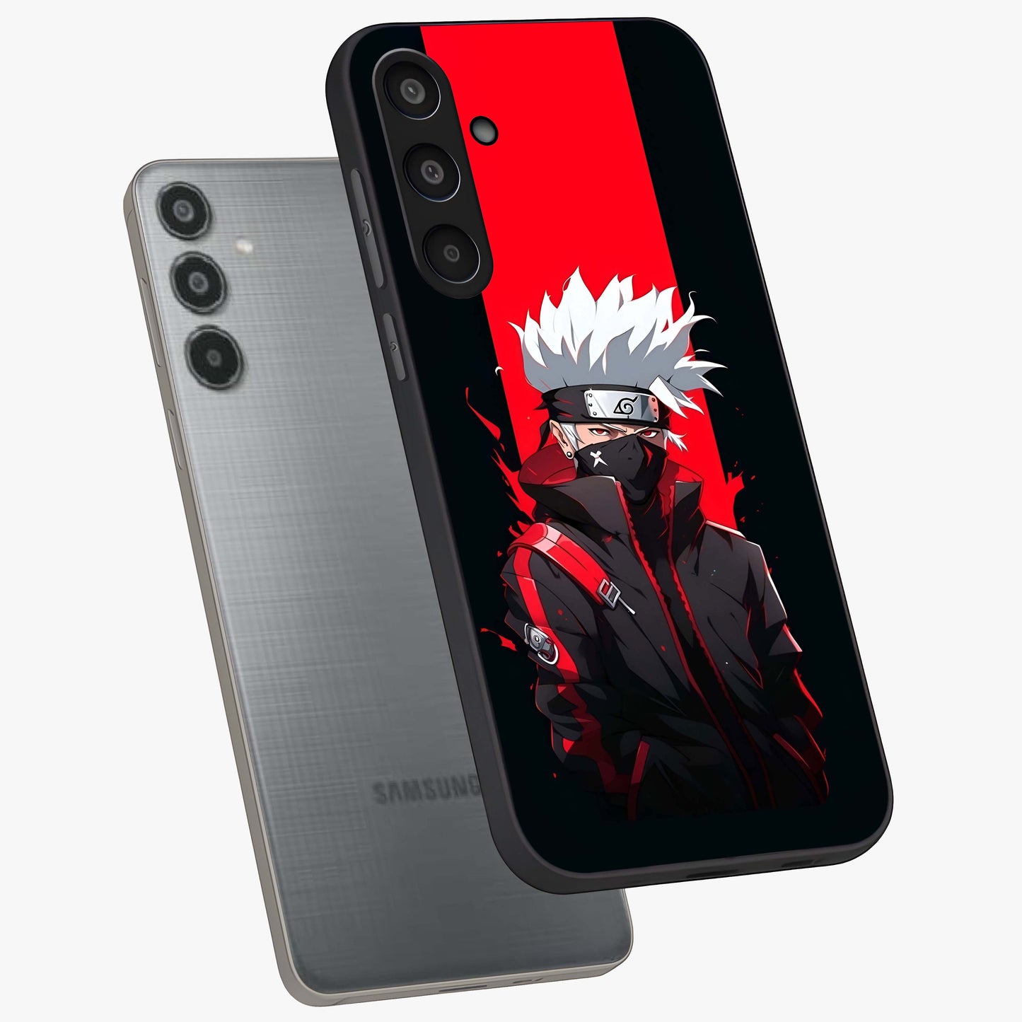 Kakashi Scarlet Shadow Glass Case displayed in angled mockup highlighting dramatic ninja illustration with scarlet themed aesthetic.