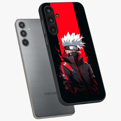 Kakashi Scarlet Shadow Glass Case displayed in angled mockup highlighting dramatic ninja illustration with scarlet themed aesthetic.