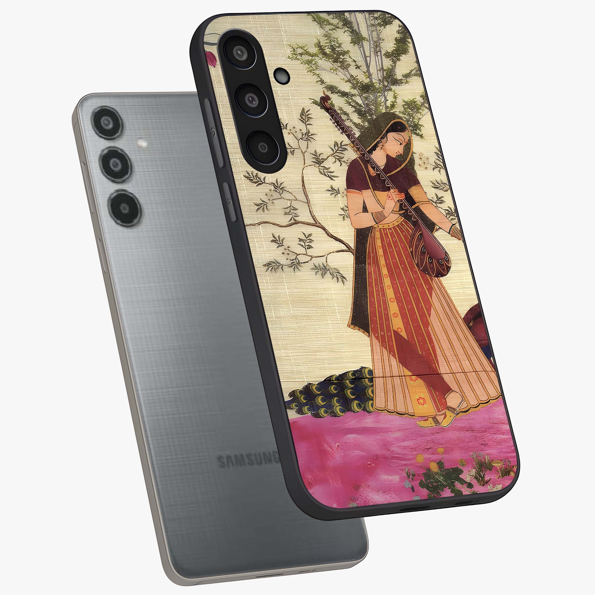 Lady With Veena Art Glass Case displayed in angled mockup highlighting graceful musical illustration with cultural artistic aesthetic.