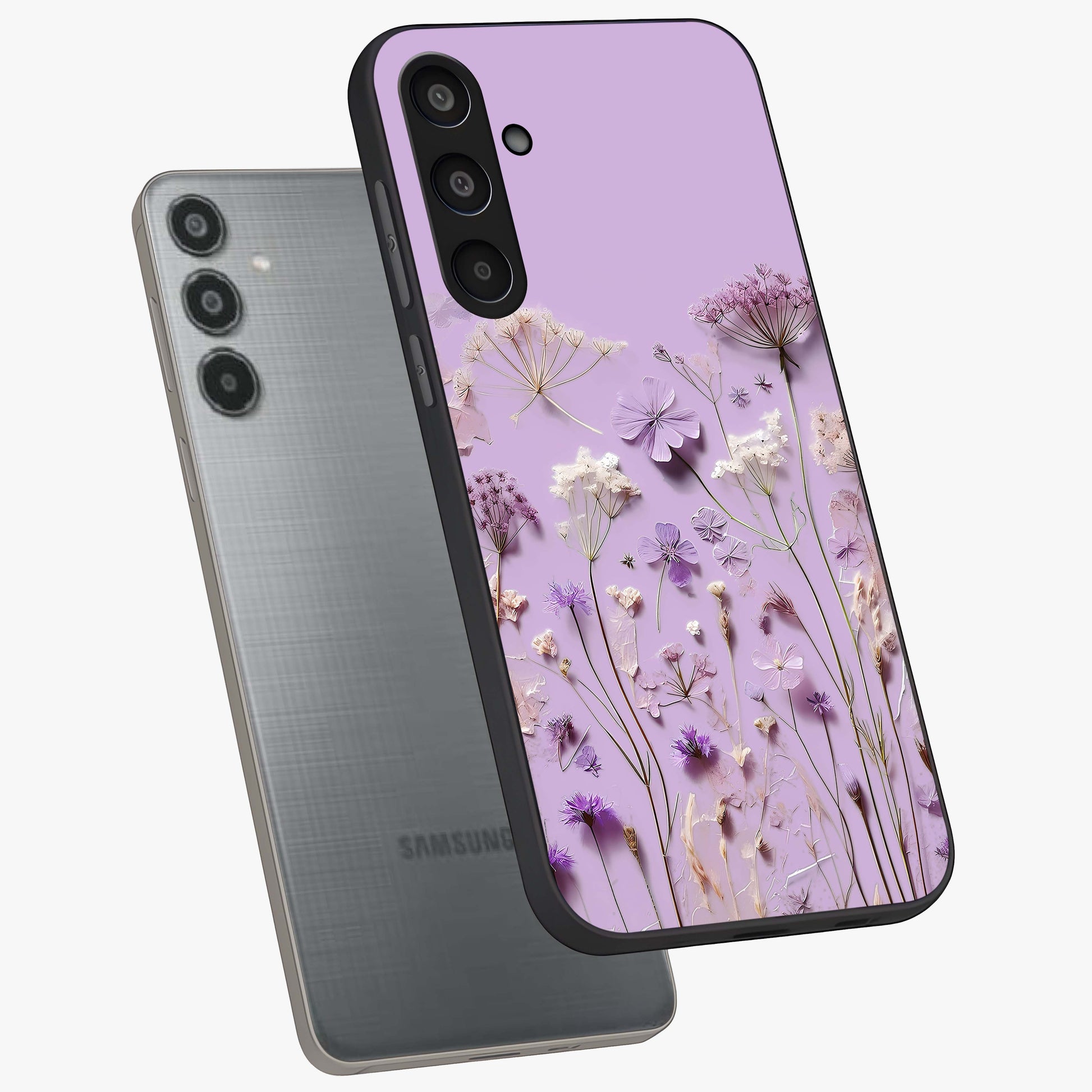 Lavender Blossom Dream Glass Case displayed in angled mockup highlighting dreamy lavender flower design with calming aesthetic style.