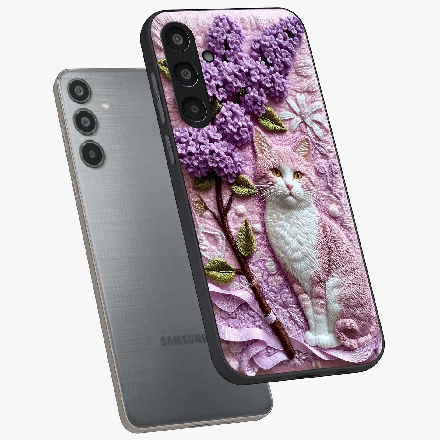 Lavender Cat Whimsy Glass Case displayed in angled mockup highlighting playful feline illustration with pastel lavender aesthetic.