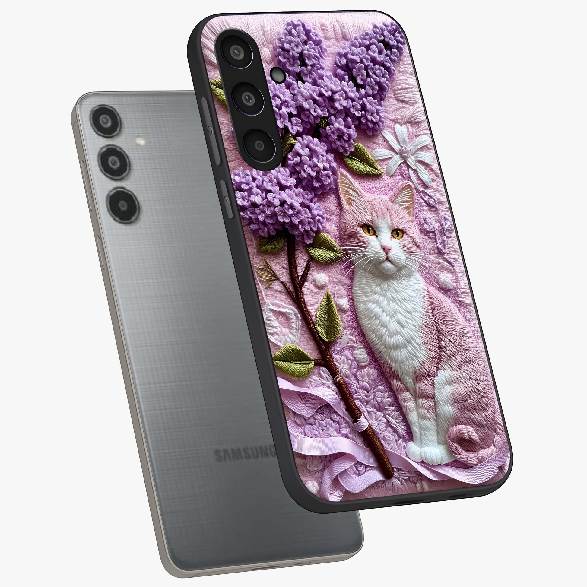 Lavender Cat Whimsy Glass Case displayed in angled mockup highlighting playful feline illustration with pastel lavender aesthetic.