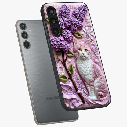 Lavender Cat Whimsy Glass Case displayed in angled mockup highlighting playful feline illustration with pastel lavender aesthetic.