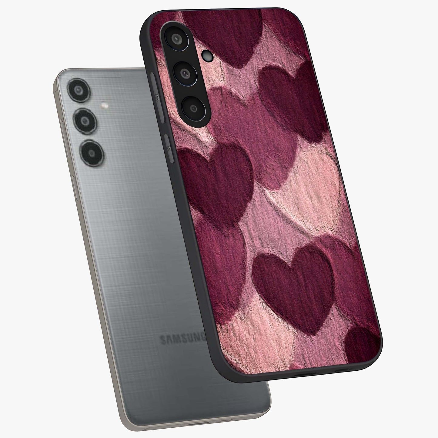 Layered Paper Hearts Glass Case displayed in angled mockup highlighting creative paper craft heart design with romantic aesthetic.