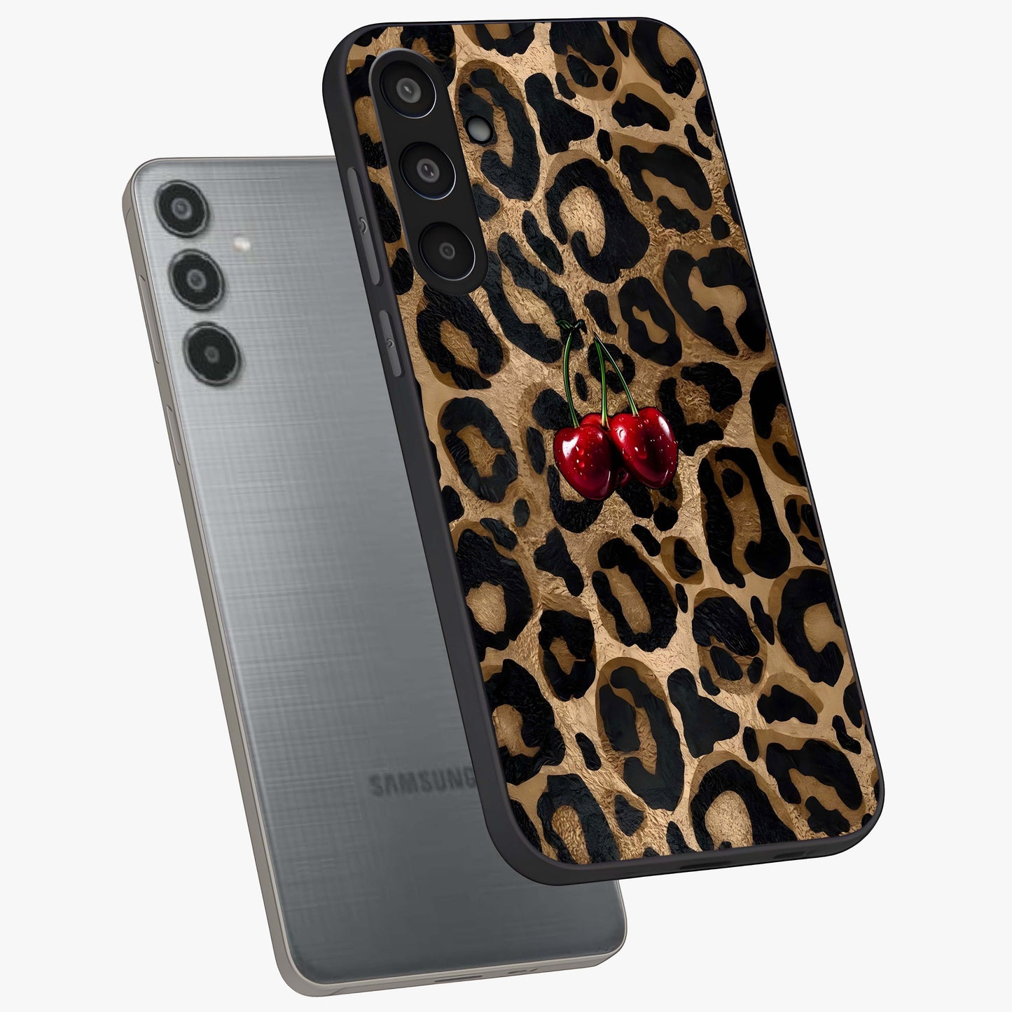 Leopard Wild Cherry Glass Case displayed in angled mockup highlighting bold animal print design with playful cherry aesthetic.