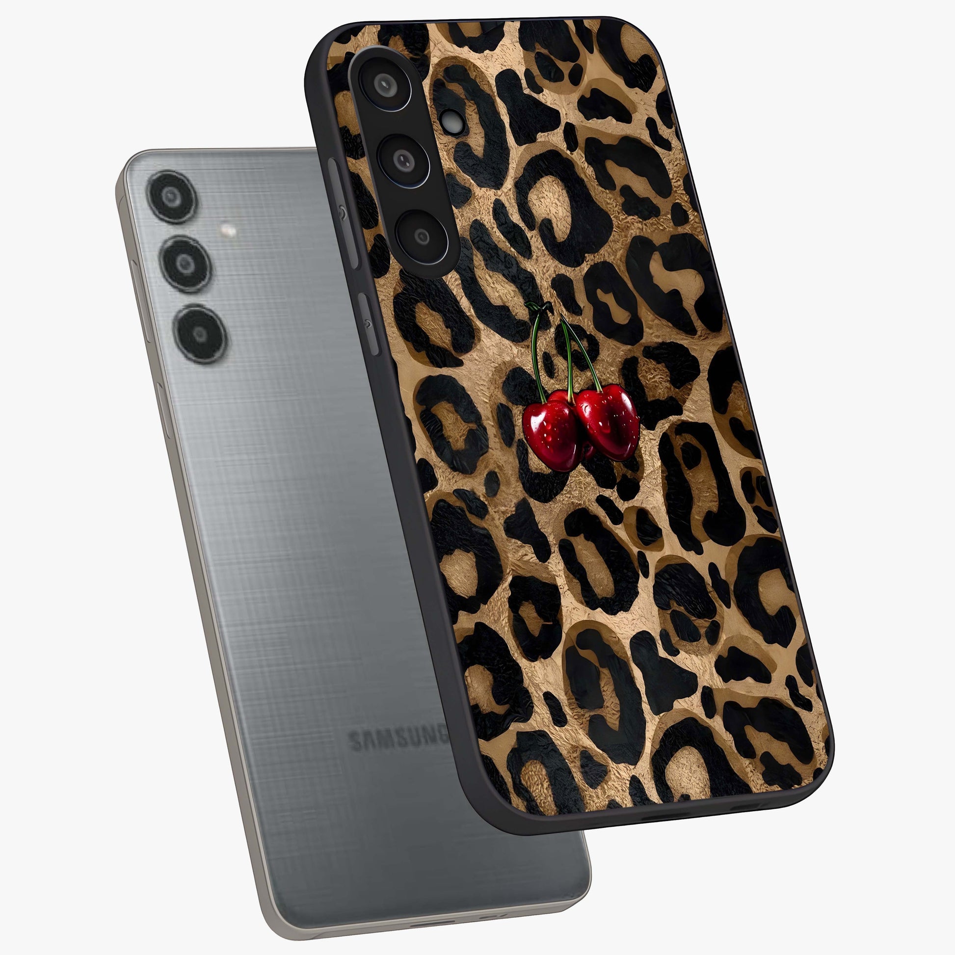 Leopard Wild Cherry Glass Case displayed in angled mockup highlighting bold animal print design with playful cherry aesthetic.