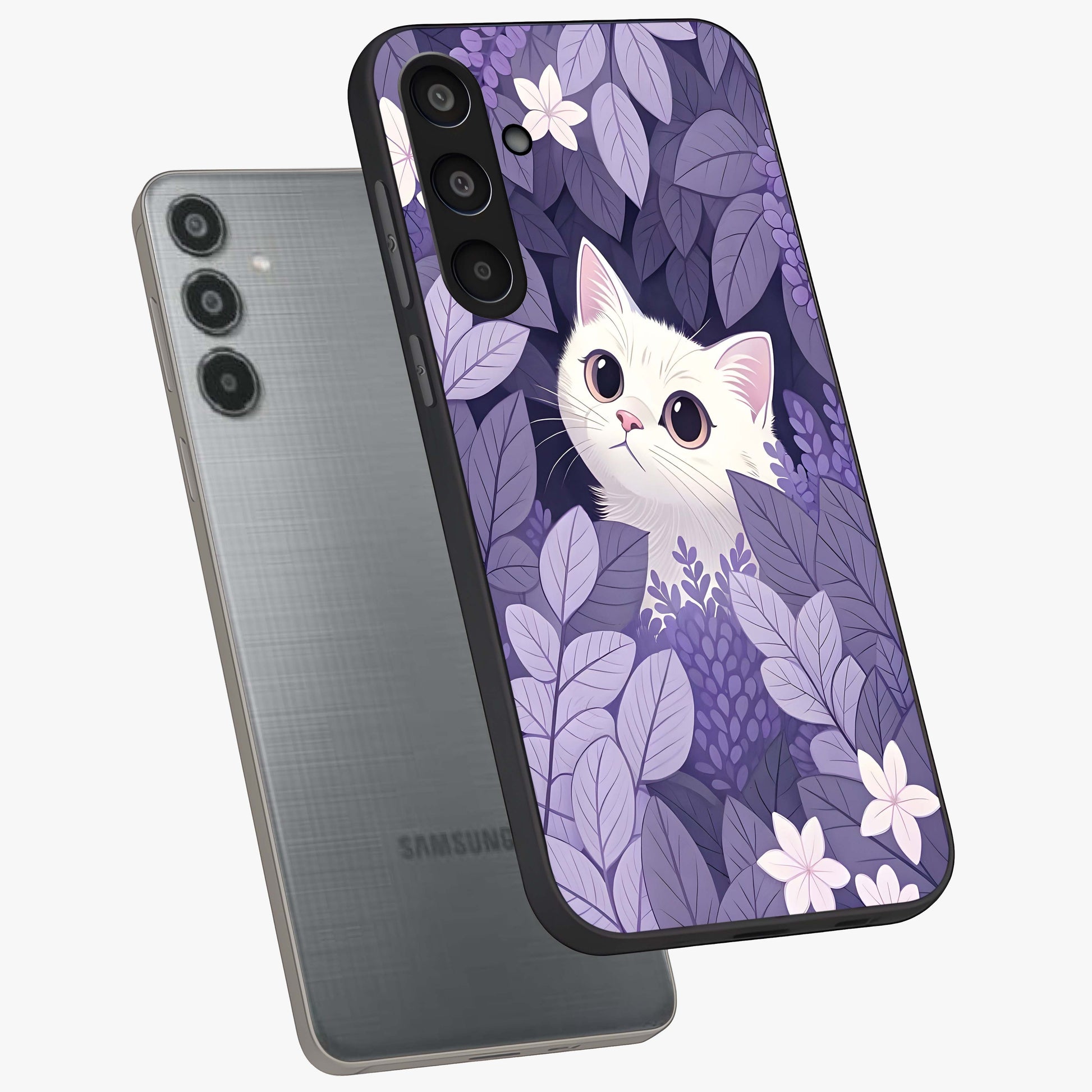 Lilac Hide Peek Cat Glass Case displayed in angled mockup highlighting playful feline illustration with lilac aesthetic design.