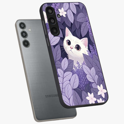 Lilac Hide Peek Cat Glass Case displayed in angled mockup highlighting playful feline illustration with lilac aesthetic design.