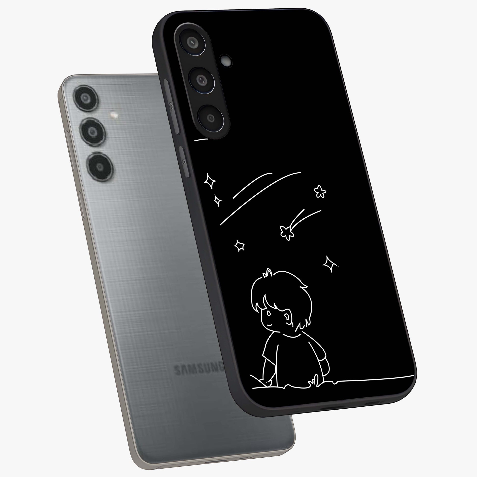Line Art Boy With Shooting Stars Glass Case displayed in angled mockup highlighting elegant line art design with dreamy star aesthetic.