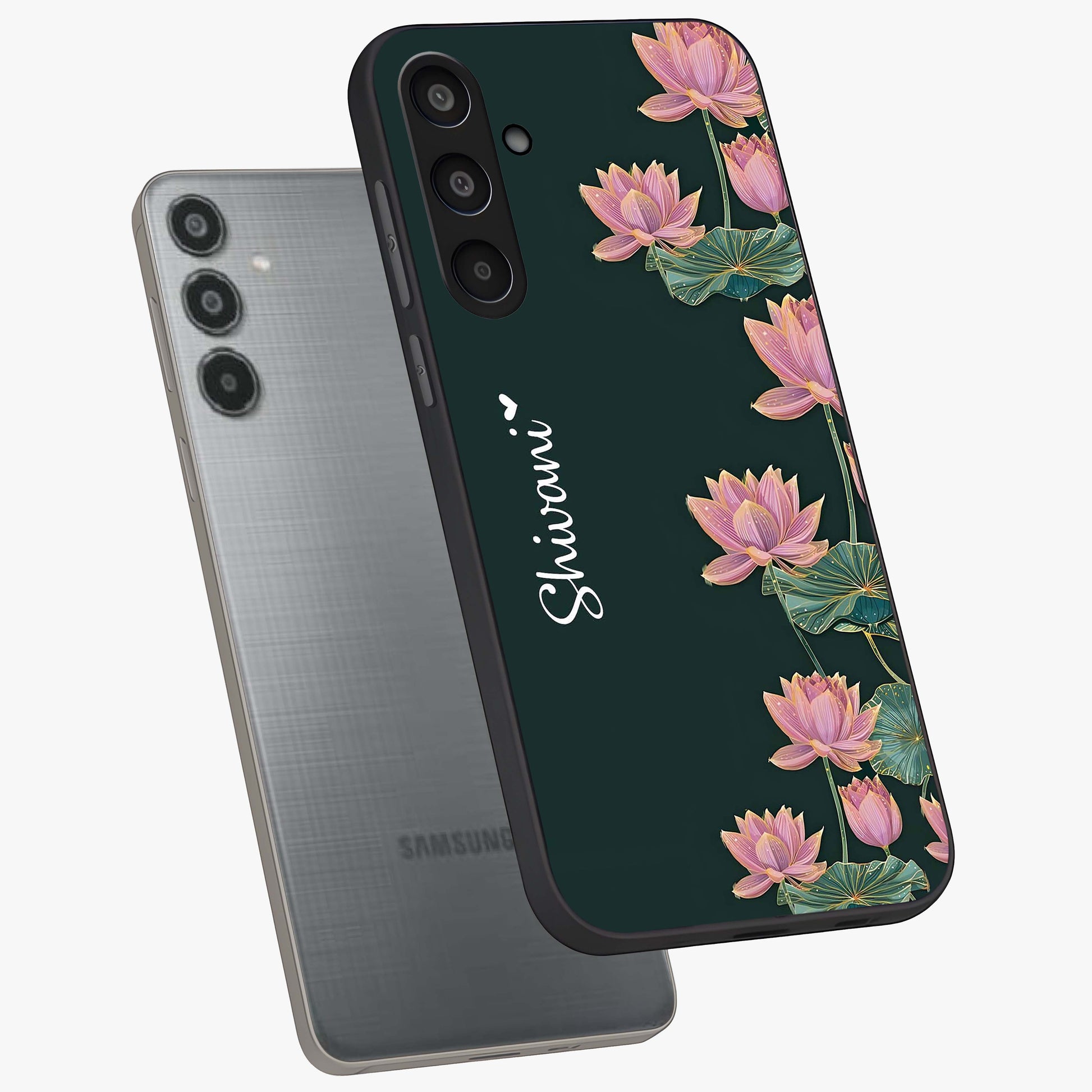 Lotus Bloom Serenity Custom Name Glass Case displayed in angled mockup highlighting graceful lotus illustration with custom name feature.